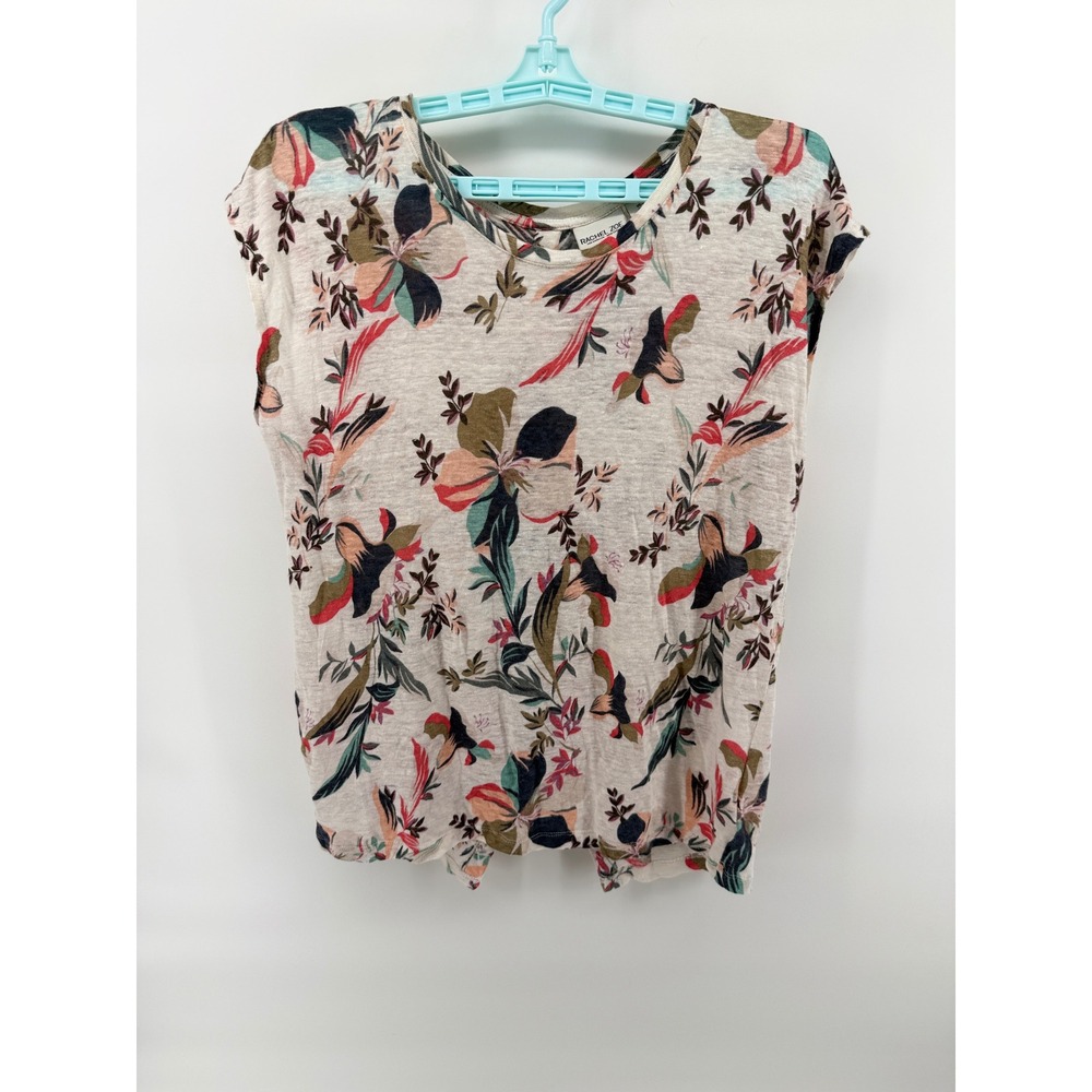 Rachel Zoe Womens Medium 100% Linen Floral Button Back Cap Sleeve Top Summer